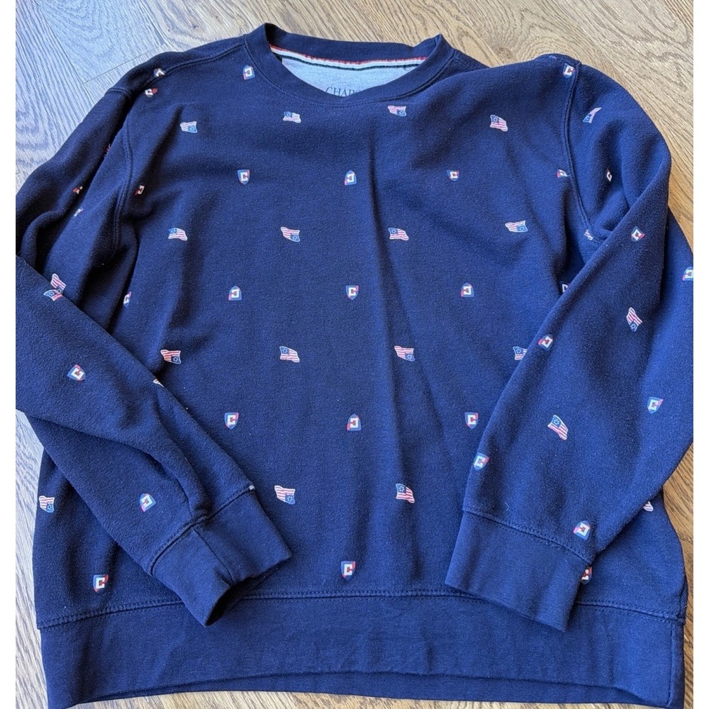 Chaps Mens Large Navy Blue Everyday Fleece USA Flag Crest Pullover Sweatshirt